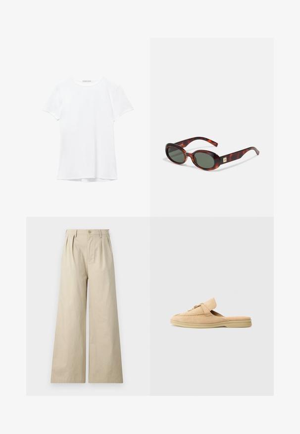 Fehér, rövid ujjú póló sima anyagból, kerek nyakkivágással és diszkrét varrási részletekkel az alján.; Beige színű, széles szárú pamut nadrág, díszítő pliszékkel, gombos záródással és oldalsó zsebekkel, sima és puha textúrával.; Beige velúr slip-on cipő lekerekített orral, dekoratív varrással és aranyszínű fém díszítéssel. Lapos talp és puha belső bélés.; Tortoiseshell napszemüveg sötét lencsékkel, ovális forma, széles karokkal. Jellemzője egy kis arany dísz oldalán. Simító műanyagból készült.