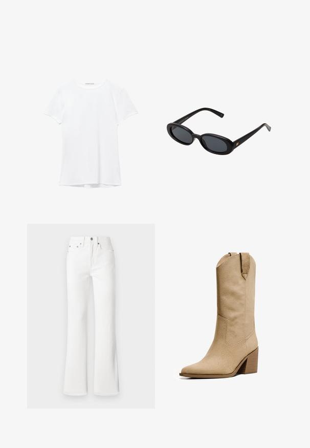 Witte short-sleeve t-shirt van gladde stof, met een ronde halslijn en subtiele stiksels bij de zoom.; Witte flared jeans van katoen denim materiaal, met een hoge taille, voorzakken en een knoopsluiting met een rits. Gladde, gestructureerde afwerking.; Bershka HIGH-HEEL - Cowboy-/Bikerlaarzen - beige; Zwarte oversized zonnebril met ovale lenzen, een glad plastic montuur en gouden accenten op de pootjes. Donkere lenzen bieden bescherming tegen de zon.; Zwarte leren schoudertas met gouden studs langs de onderrand, gebogen ontwerp, verstelbare schouderriem en gouden hardwareaccenten.