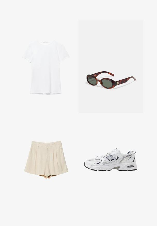 T-shirt blanc à manches courtes en tissu lisse, avec un col rond et de subtils détails de couture à l'ourlet.; Shorts en lin beige avec des plis, une taille plate et des poches latérales. Le tissu a une texture douce et une coupe droite soignée.; B baskets blanches avec une tige en mesh, des accents bleu marine et une semelle rembourrée. Présente le logo "N", des lacets et un détail texturé sur le côté.; Lunettes de soleil en écaille de tortue avec verres foncés, en forme ovale et avec des branches larges. Présente un petit accent doré sur le côté. Matériau en plastique lisse.; Sac en paille tissée dans des tons naturels avec des poignées en cuir brun, une bandoulière amovible et des accents de pompons multicolores.