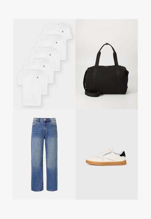 Cinque t-shirt di cotone bianco a maniche corte. Ognuna presenta un piccolo emblema sull'area sinistra del petto. Design classico con scollo rotondo.; Jeans a gamba larga in denim blu chiaro con un motivo di scoloritura, cinque tasche e chiusura con zip. Presentano un bottone e passanti per la cintura in vita.; Sneakers bianche con tomaia in pelle strutturata, dettagli grigi e un tallone nero. Suola in gomma color naturale con marchiatura discreta. Design a taglio basso.; Borsa da viaggio nera con manici spessi e una tracolla removibile. Realizzata in tessuto liscio, presenta una chiusura a zip e un design minimalista.; Set di cinque anelli in argento di diversi design: banda liscia, bande impilate, banda attorcigliata e uno con un'inserto nero. Texture e finiture miste.