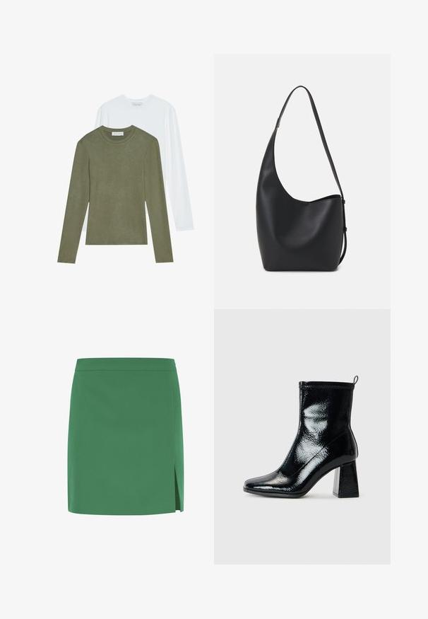 Zwei Langarmshirts: eines in Olivgrün, das andere in Weiß. Beide haben einen runden Ausschnitt und eine weiche, glatte Textur.; Grüne Minirock mit glatter Textur, gerade geschnitten und mit einem seitlichen Schlitz für zusätzliche Details. Schlichtes, unverziertes Design.; Schwarze Lack-Ankle-Boots mit quadratischer Zehenform und klobigem geometrischem Absatz. Sie verfügen über eine glatte, glänzende Textur und eine Zuglasche an der Rückseite für einfaches Anziehen.; Schwarze Leder-Hobo-Tasche mit einer glatten Textur, geschwungener Form und einem einzelnen verstellbaren Tragegurt; verfügt über eine weite Öffnung am oberen Ende.
