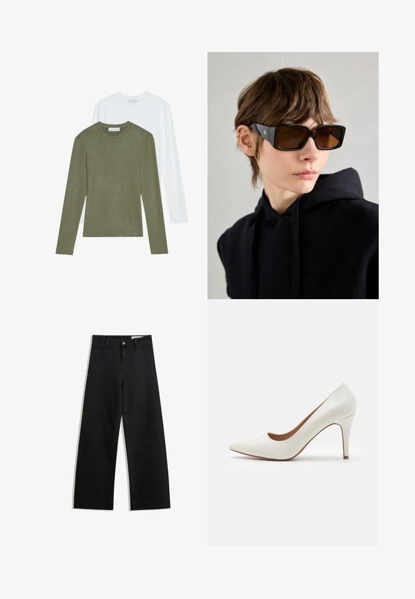 Dvoje dlhých rukávov: jedny olivovo zelené, druhé biele. Obe majú okrúhle výstrihy a jemnú, hladkú textúru.; Čierne denimové nohavice s širokými nohavicami a vysokým pásom, so prednými a zadnými vreckami, šitými švami a zapínaním na gombík. Hladká textúra.; Biele lakované vysoké podpätky s špicatou špičkou a hladkým povrchom, s štíhlým podpätkom a nízkym strihom okolo otvoru.; Čierne nadrozmerné slnečné okuliare s lesklým povrchom, obdĺžnikový tvar, hnedé tónované sklá a zlatý logotyp na spolkách.; Biele kožené kabelka s textúrovaným povrchom, ktorá má zlatý retiazkový popruh a čierne akcenty. Obsahuje prednú kapsu a zipsové zapínanie.