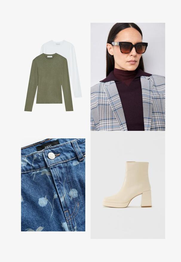 Du oversize marškiniai su ilgomis rankovėmis: vieni alyvuogių spalvos, kiti balti. Abu turi apvalius kaklus ir minkštą, lygią tekstūrą.; Šviesiai mėlyna džinsinio audinio medžiaga su gėlių raštu. Su sidabriniu mygtuko uždarymu ir šviesiai ruda siūle išilgai siūlių. Matoma prekinio ženklo etiketė.; Smėlio spalvos odiniai aulinukai su blokuotu kulnu ir platforma, lygiu paviršiumi ir šiek tiek kvadratiniu nosiu, pasukti kairėn ant balto fono.; Juodos ir šelako spalvos saulės akinių modelis su geometriniu dizainu, turintis gradientinius rudos spalvos objektyvus ir auksinį MK logotipą šone.; Kailių rankinukas su kreminiu pagrindu ir tamsiai rudiomis dėmėmis, stačiakampio formos, su lankstomu uždengimu ir nuimama petneša.