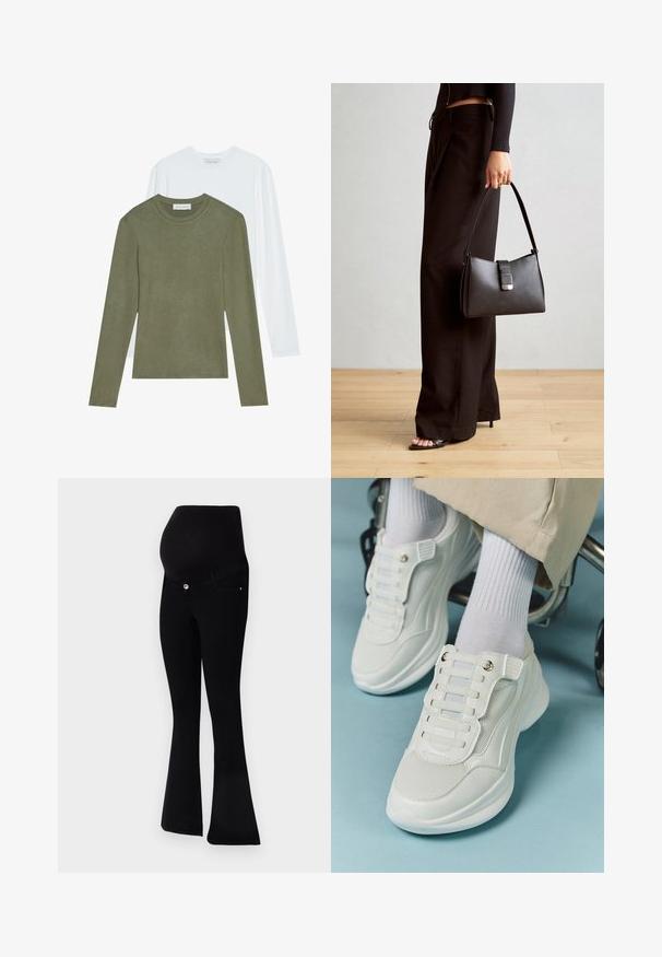 Deux chemises à manches longues : l'une verte olive, l'autre blanche. Les deux présentent des encolures rondes et une texture douce et lisse.; Jeans de maternité noirs avec un design à jambes évasées, en tissu doux, une taille haute pour un bon maintien et une fermeture à bouton à l'avant.; Baskets blanches avec un matériau en maille, semelle en caoutchouc, design sans lacets avec des bandes élastiques et accents dorés.; Sac à main noir à la forme structurée, texture lisse et fermoir métallique. Associé à un pantalon noir ample et des sandales ouvertes sur un sol en bois.