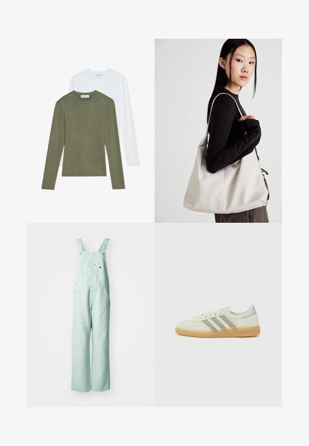 Du oversize marškiniai su ilgomis rankovėmis: vieni alyvuogių spalvos, kiti balti. Abu turi apvalius kaklus ir minkštą, lygią tekstūrą.; Šviesiai mėtų žalios spalvos kombinezonai, pagaminti iš tvirtos medžiagos, su reguliuojamais petnešomis, krūtinės kišene ir dviem šoninėmis kišenėmis.; Šviesiai žalia su napuota odos sportiniai bateliai su trimis pilkais dryžiais, guminis padas ir minimalistiškas dizainas. Yra logotipo detalizavimas šone.; Bežinė rankinė, pagaminta iš minkštos medžiagos, turinti laisvą dizainą, siuvinėtas detalės ir dvi petnešos. Tinkama kasdieniam naudojimui.