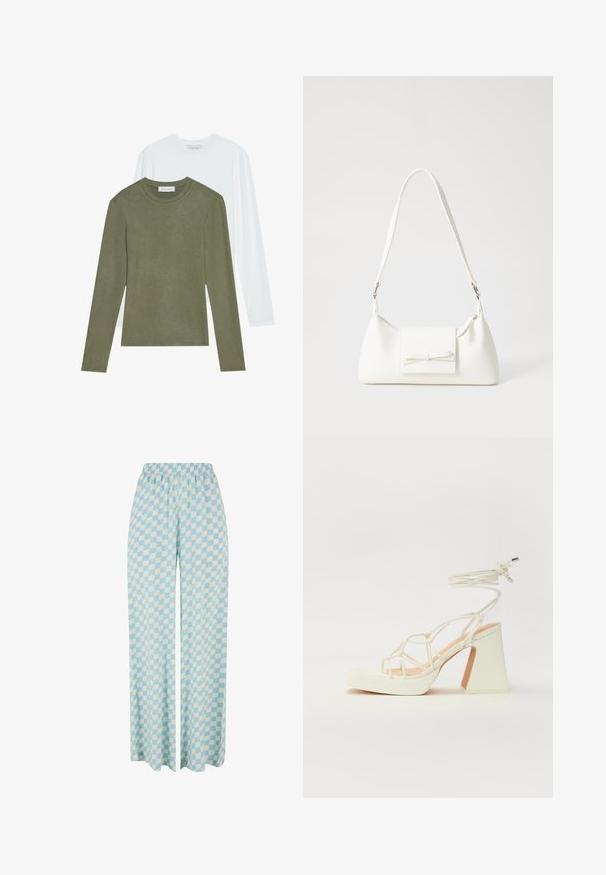 Două cămăși cu mâneci lungi: una verde măsliniu, cealaltă albă. Ambele au decolteu rotund și o textură moale, netedă.; Pantaloni largi de culoare albastru deschis, cu un model în carouri în nuanțe alternante, având un elastic în talie pentru confort.; Sandale albe cu toc înalt și gros, cu un design cu curele și legătură la gleznă. Textură netedă, cu o platformă frontală pentru înălțime suplimentară.; Geantă sintetică albă, cu formă triangulară, capac frontal plat și detaliu cu fundă, curea ajustabilă, textură netedă și design minimalist.
