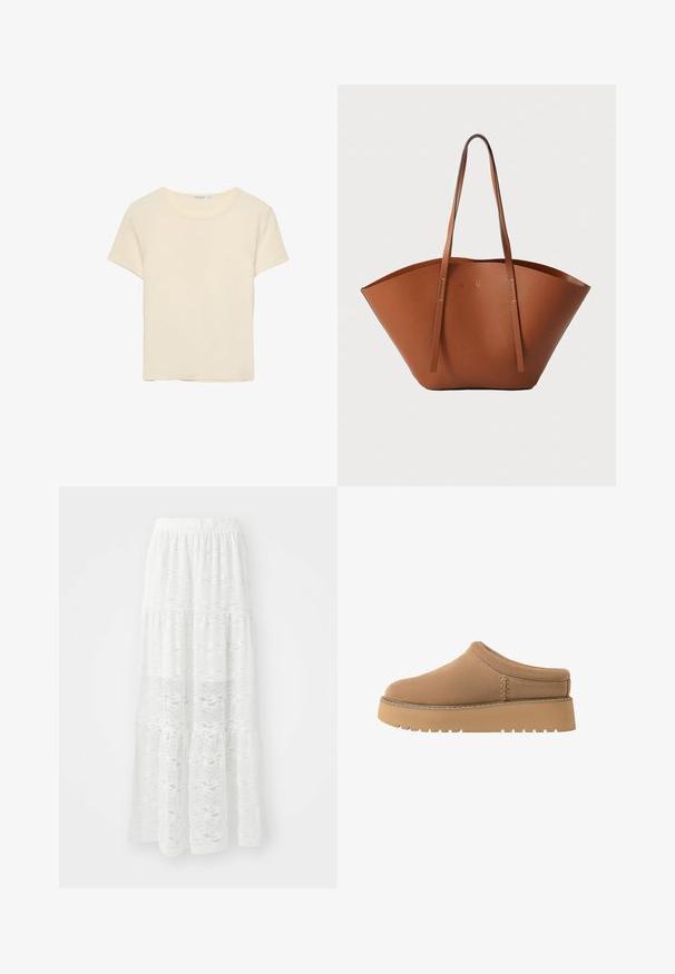 T-shirt couleur crème à manches courtes, fabriqué dans un tissu doux. Il présente un col rond classique et une coupe décontractée, sans motifs ni accents visibles.; Jupe maxi blanche à plusieurs niveaux en dentelle, arborant un motif ondulé et une taille élastique. Design léger et fluide, idéal pour les temps chauds.; Des chaussures marron à enfiler avec une texture douce, un bout rond et une semelle épaisse et nervurée. Elles présentent des coutures discrètes sur le côté.; Sac fourre-tout en cuir marron avec une forme large et structurée, des poignées fines et une finition texturée. Présente un design minimaliste sans matériel visible.