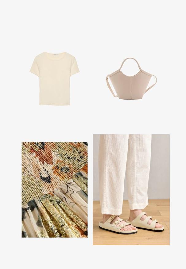Cream-colored, short-sleeve t-shirt made of soft fabric. Features a classic round neckline and a relaxed fit, without noticeable patterns or accents.; Next REGULAR FIT - DROP WAIST - Maxi skirt - cream sparkle; Light beige sandals featuring three adjustable straps with metallic buckles, a cushioned footbed, and a black rubber sole.; Beige leather handbag with a unique shape, featuring two short handles and a long adjustable strap. Smooth texture with minimal hardware.