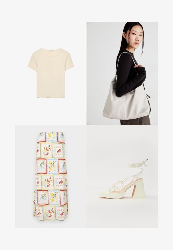 Krämfarbener, kurzärmeliger T-Shirt aus weichem Stoff. Verfügt über einen klassischen Rundhalsausschnitt und einen lockeren Schnitt, ohne auffällige Muster oder Akzente.; Maxirock aus leichtem Stoff mit einem bunten Mehrfachmuster, das Früchte und Küstenszenen in Pastellfarben und strukturierten Akzenten zeigt.; Weiße High-Heel-Sandale mit einem klobigen Absatz, die über ein Riemchendesign und ein Knöchelband verfügt. Glatte Textur mit einer Plattform vorne für zusätzliche Höhe.; Beige Handtasche aus weichem Material, mit einem lässigen Design, gesteppten Details und zwei Schulterriemen. Geeignet für den täglichen Gebrauch.