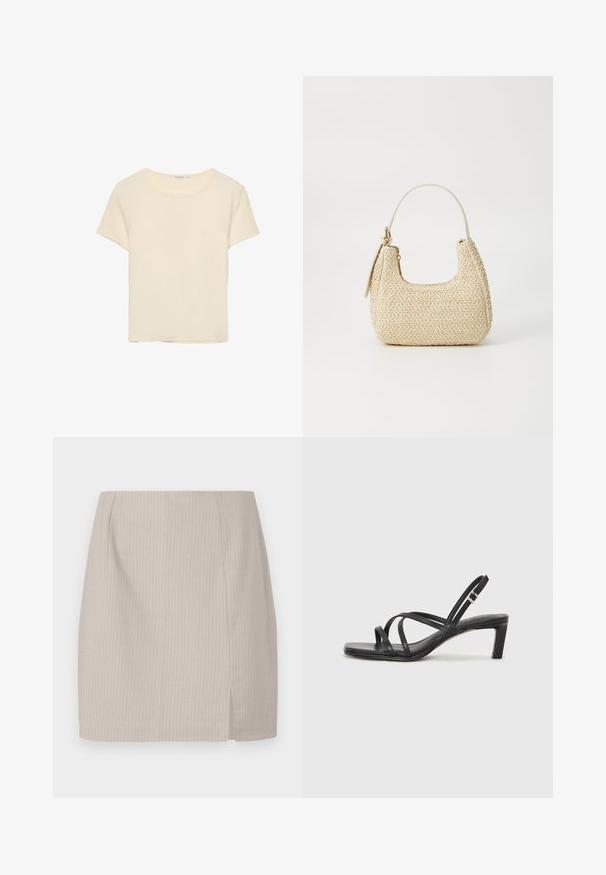 Krem-pigmentirana, majica s kratkim rukavima napravljena od mekog materijala. Ima klasičan okrugli izrez i opušteni kroj, bez uočljivih uzoraka ili akcenta.; Bež suknja od olovke s prugastom teksturom, ravnog kroja i bočnim prorezom za dodatnu slobodu kretanja. Izrađena od lagane tkanine.; Crne sandale s trakama, kvadratnim prstom i niskom blok petom. Ima više tankih trakica i podesivu trakicu oko gležnja. Izrađene su od glatke kože.; Tkana torba od slame u bež boji s zakrivljenim oblikom, kratkom ručkom i bočnim zatvaračem. Ima teksturiranu površinu i minimalistički dizajn.