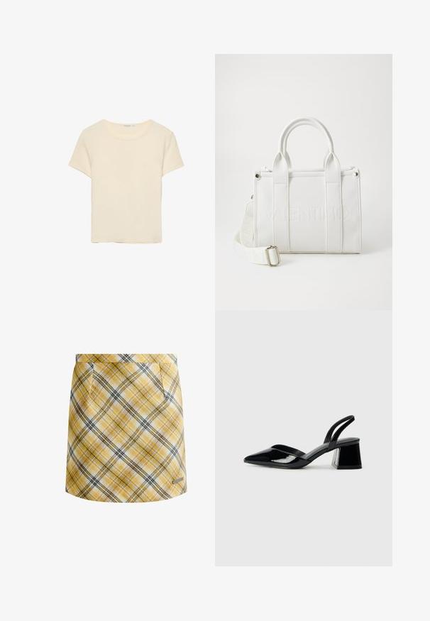 Krämfarbener, kurzärmeliger T-Shirt aus weichem Stoff. Verfügt über einen klassischen Rundhalsausschnitt und einen lockeren Schnitt, ohne auffällige Muster oder Akzente.; Gelber Karo-Rock mit schwarz-weißem Karomuster, gefertigt aus weichem Stoff. Verfügt über eine taillierte Taille und zwei seitliche Taschen.; Schwarze Lackleder-Slingback-High Heels mit spitzem Schuh und einem geometrischen Blockabsatz. Verfügt über ein schlankes, minimalistisches Design und eine glatte Textur.; Weißes Lederhandtasche mit geprägtem Logo, strukturierter Form, doppelten Obergriffen, abnehmbaren Schulterriemen und strukturiertem Oberflächen.