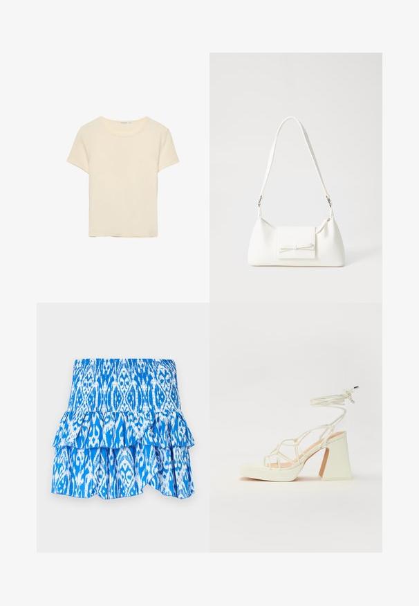 Crème-kleurig T-shirt met korte mouwen, gemaakt van zachte stof. Bevat een klassieke ronde halslijn en een relaxed fit, zonder opvallende patronen of accenten.; Blauwe en witte geprinte rok met een smock taille, gelaagde ruffles aan de onderkant en een lichtgewicht stof. Bevat een ikat-stijl ontwerp.; Witte hoge hakken sandaal met een chunky hak, met een bandjesontwerp en enkelband. Gladde textuur met een plateau voor extra hoogte.; Witte synthetische handtas met een driehoekige vorm, platte voorklep en strikdetail, verstelbare schouderriem, gladde textuur en minimalistisch ontwerp.