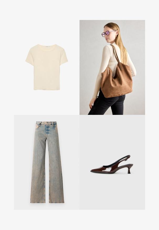 Kermanvärinen, lyhythihainen t-paita, joka on valmistettu pehmeästä kankaasta. Ominaisuuksiin kuuluu klassinen pyöreä kaula-aukko ja rento istuvuus, ilman huomattavia kuvioita tai yksityiskohtia.; Vaaleansiniset leveät farkut, joissa on haalistunut pinta, viisi taskua ja vyölenkit, valmistettu denim-kankaasta.; Ruske patentin nahkalijatke sa špicastim nosom i umjerenom petom. Sadrže remen s kopčom za sigurno pristajanje. Glatka tekstura.; Ruskea nubukkivuoriolaukku, jossa on pehmeä rakenne, tilava avaus ja pitkät hihnat. Ominaisuuksiin kuuluu yksinkertainen muotoilu näkyvine ompeleineen ja ilman metalliosia.