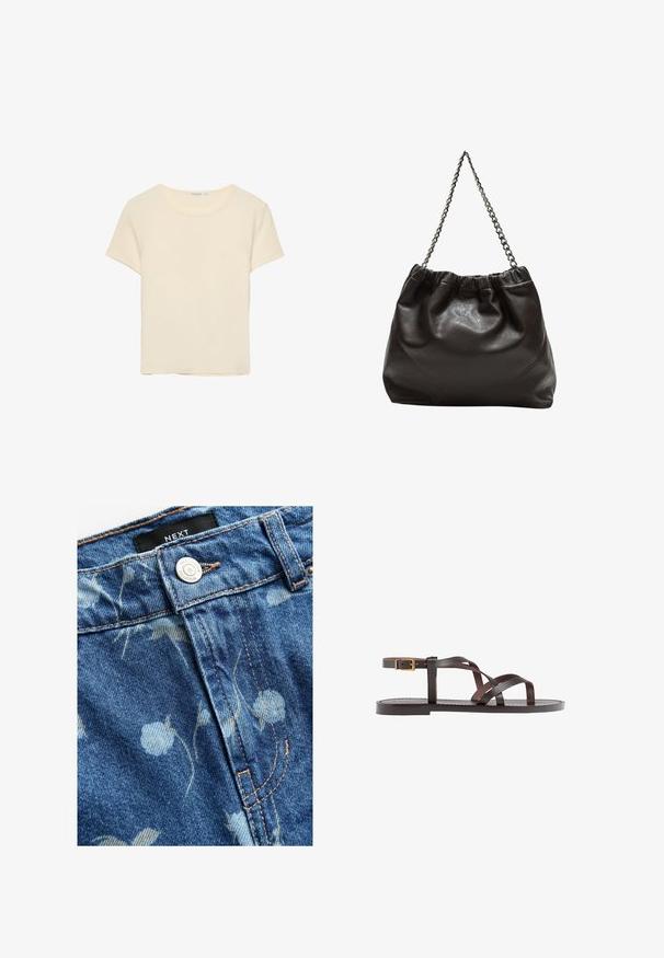 Krem-pigmentirana, majica s kratkim rukavima napravljena od mekog materijala. Ima klasičan okrugli izrez i opušteni kroj, bez uočljivih uzoraka ili akcenta.; Denim tkanina u svijetloplavoj boji, s cvjetnim uzorkom. Uključuje zatvaranje na srebrni gumb i svijetlosmeđe šavove. Vidljiva oznaka marke.; Smeđe kožne sandale s iskrižanim trakama, umetkom za zapešće s kopčanjem i ravnim potplatom s minimalnim detaljima šivanja.; Smeđa kožna torba s naboranim vrhom i lančićem za nošenje. Glatka tekstura s sjajnim završetkom i suptilnim šavnim detaljima sa strane.