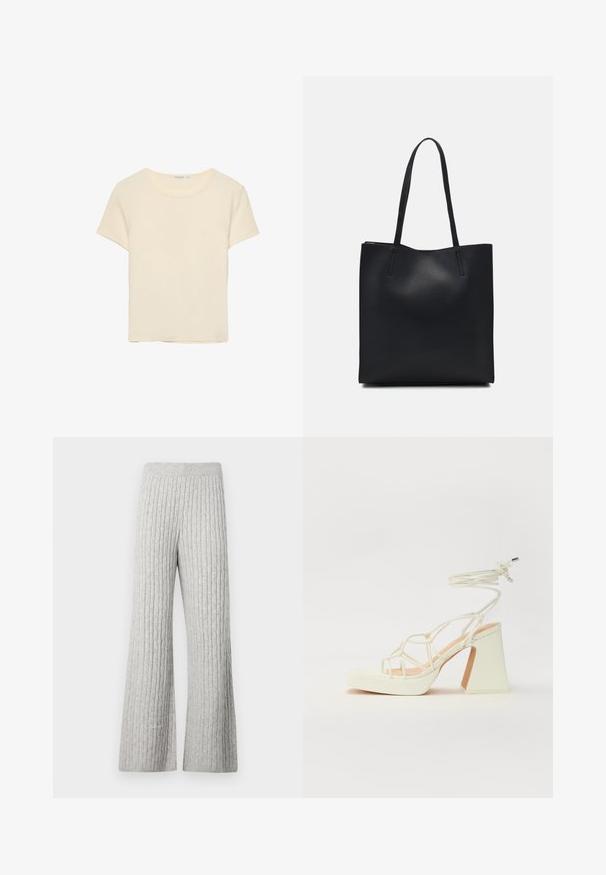 Krémové tričko s krátkym rukávom vyrobené z jemného materiálu. Má klasický okrúhly výstrih a voľný strih, bez výrazných vzorov alebo akcentov.; Sivé rebrované pletené nohavice s širokými nohavicami, s textúrovaným vzorom a elastickým pásom, s jemným povrchom látky.; Biele sandále na vysokom opätku s hrubým podpätkom, s pruhovaným dizajnom a viazaním na členku. Hladký povrch s platformou vpredu pre zvýšenú výšku.; Čierna kožená taška na rameno s hladkým povrchom, obdĺžnikovým tvarom a dvoma dlhými uchami. Bez viditeľného kovania alebo ozdôb.