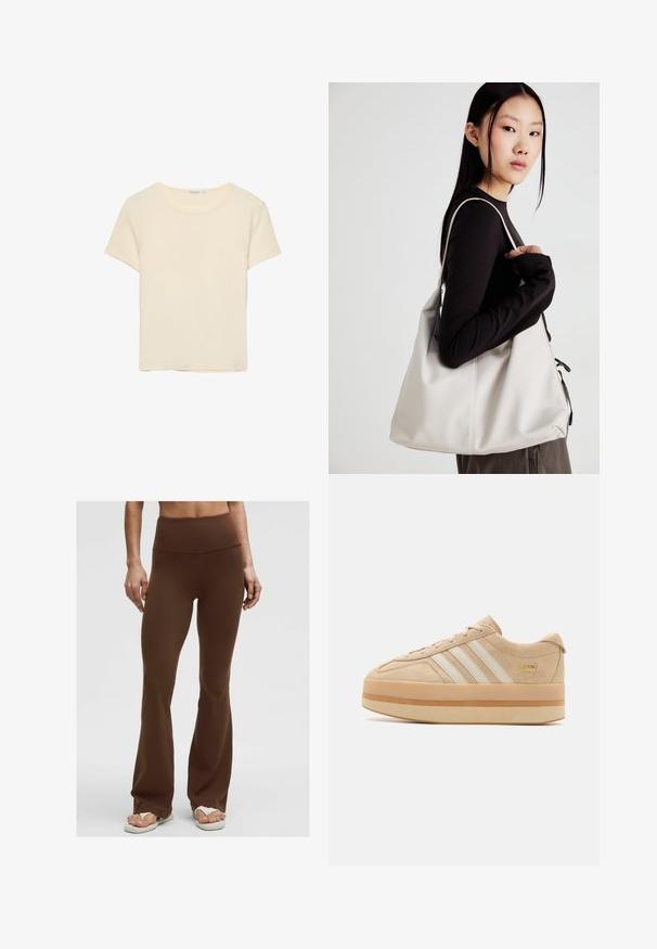 Cream-colored, short-sleeve t-shirt made of soft fabric. Features a classic round neckline and a relaxed fit, without noticeable patterns or accents.; Brown flared leggings made of smooth, stretch fabric. High waistband, slightly fitted through thighs, flaring at the hem. Simple design.; Beige suede platform sneakers with white three stripes, round toe, and beige rubber sole featuring a gold logo accent on the side.; Beige handbag made of soft material, featuring a slouchy design, stitched detailing, and two shoulder straps. Suitable for everyday use.