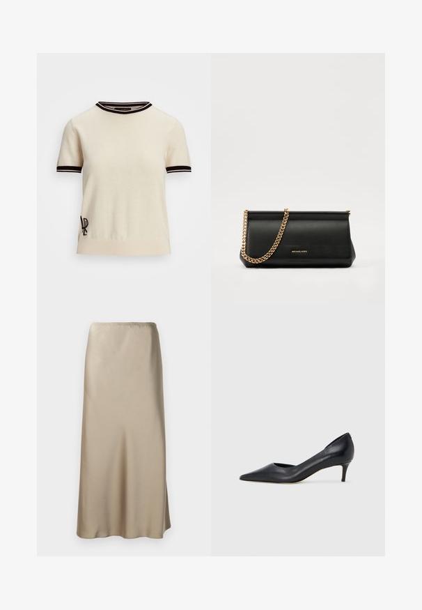 Lühikese varrukaga kreemimust kudum, millel on must ribakrae ja mansetid. Alumises vasakus servas on tikandiga logo.; Nahatest satiinist midi-seelik heledas beežis, millel on elastne vöökoht, sile tekstuur ja voolujooneline A-lõige. Ilma nähtavate mustrite või detailideta.; Mustast nahast kontsakinga terava ninaga ja madala kontsaga. Omadused on sile pind ja peen läige. Esiosal on avatud lõige, mis lisab detaili.; Mustast nahast klamberkott kuldse kettrihmaga, millel on sile tekstuur, ristkülikuline kuju ja esiküljel reljeefne brändingu märk.