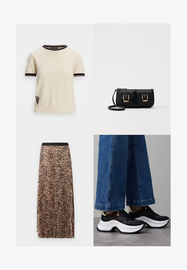 Short-sleeve knit sweater in cream with black ribbed collar and cuff accents. Features embroidered logo on the lower left side.; Pleated maxi skirt in beige with a black leopard print pattern, featuring a black elastic waistband and a lightweight, textured fabric.; Black and gold sneakers with a curved white sole. Textured fabric with logo accents. Paired with wide blue denim pants.; Black leather crossbody bag with two front pockets, gold buckles, zipper closure, and a slim strap. Textured surface and compact rectangular shape.
