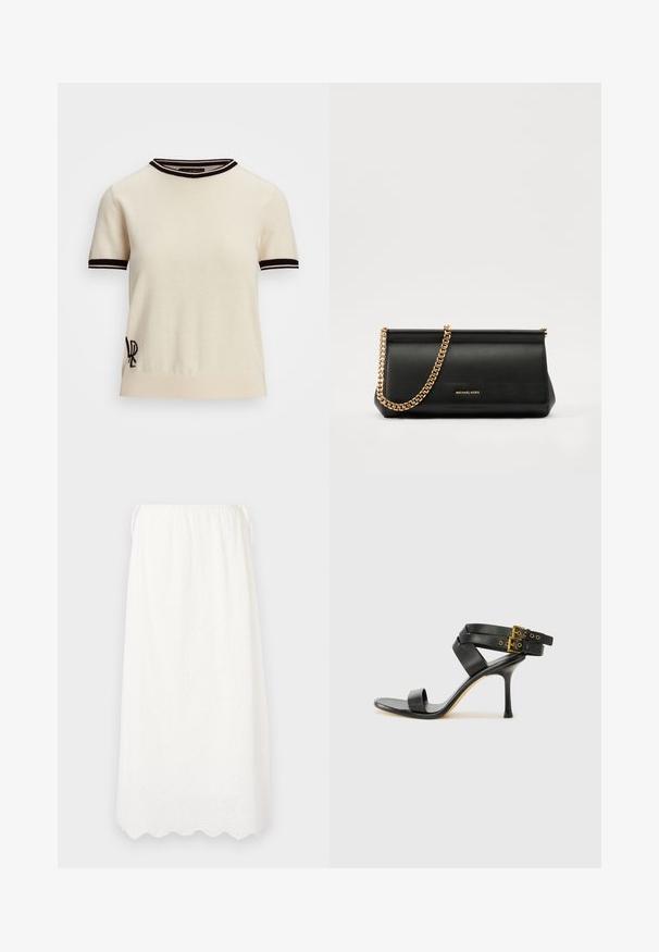 Short-sleeve knit sweater in cream with black ribbed collar and cuff accents. Features embroidered logo on the lower left side.; DESIGNERS REMIX LUNA MAXI SKIRT - Maxi skirt - cream; Black heeled sandal with crossed straps and adjustable buckle. Features a smooth texture and tapered stiletto heel.; Black leather clutch bag with a gold chain strap, featuring a smooth texture, rectangular shape, and embossed branding on the front.