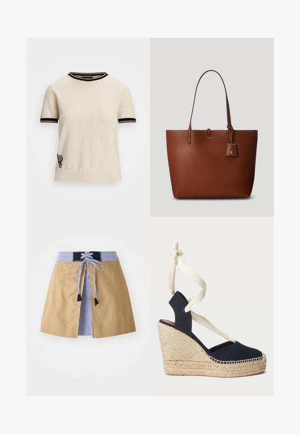 Maglione a maniche corte in crema con colletto e polsini a coste neri. Presenta un logo ricamato sul lato sinistro in basso.; Gonna beige con una cintura a righe blu, caratterizzata da un frontale con lacci e accenti neri. Tessuto liscio, lunghezza media con un design sartoriale.; Sandalo a cuneo in tela blu navy con suola in corda di espadrillas e fiocchi crema alla caviglia. Design con tacco chiuso e punta rotonda.; Borsa tote in pelle marrone a granuli con due manici, un piccolo tag attaccato e un logo discreto nella parte anteriore. Texture liscia con forma strutturata.