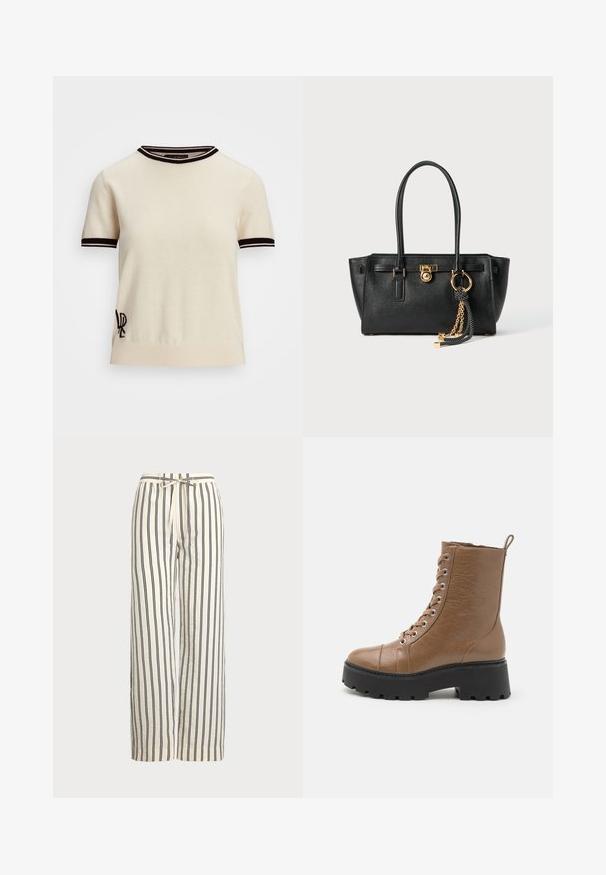 Pull en tricot à manches courtes de couleur crème avec des accents de col et de poignets côtelés en noir. Présente un logo brodé sur le côté inférieur gauche.; Pantalons larges en tissu crème avec des rayures verticales marine. Dotés d'une taille élastique avec cordon de serrage, offrant une coupe décontractée et une texture.; Bottines en faux cuir marron avec une semelle noire épaisse, bout rond, laçage à l'avant et une languette au dos. Détail de surface texturée.; Sac à main en cuir noir avec double anses, serrure dorée et détails en chaîne, et accessoire à pompon noir et blanc sur fond blanc.