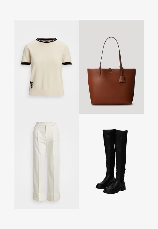 Lühikese varrukaga kreemimust kudum, millel on must ribakrae ja mansetid. Alumises vasakus servas on tikandiga logo.; Valged kohandatud püksid, millel on kõrge talje, topeltesine voldid ja laiad sääred volditud äärtega. Valmistatud siledast, tekstureeritud kangast.; Mustad üle põlve saapad, millel on sile nahk, soonilised tekstiilpaneelid, lame tald ja lai, struktureeritud kuju.; Pruunist kivikestast valmistatud käekott kahe käepideme ja väikese küljes oleva sildiga, millel on esiküljel diskreetne logo. Sile tekstuur ja kindel kuju.