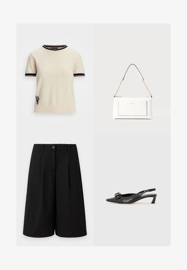 Kortermet strikket genser i krem med svarte ribbede akcenter på kragen og ermene. Har brodert logo på nedre venstre side.; Armani Exchange BERMUDA - Shorts - black denim; Svarte skinn slingback-sko med spiss tå, liten hæl og dekorativ spenne-detalj på overdelen. Glatt tekstur, minimalistisk design.; Hvit lærveske med teksturert overflate, utstyrt med gullkjede for å bære over skulderen og svarte detaljer. Inkluderer en frontlomme og glidelås.
