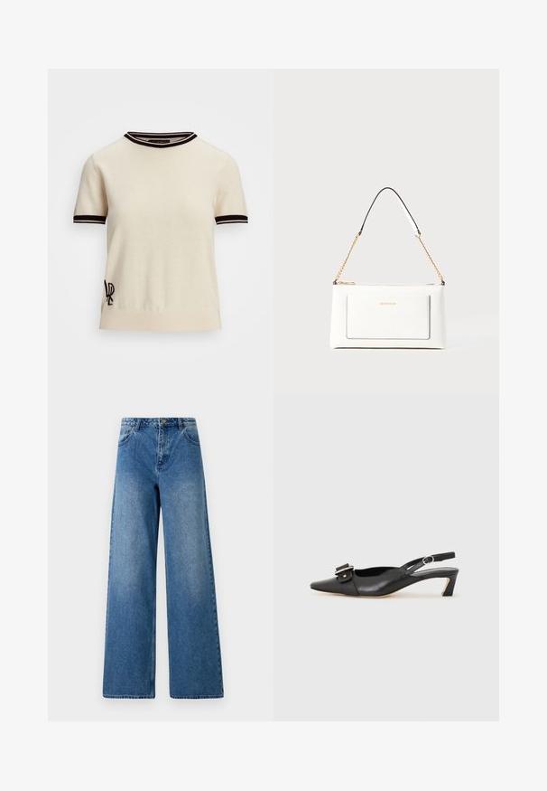 Kortermet strikket genser i krem med svarte ribbede akcenter på kragen og ermene. Har brodert logo på nedre venstre side.; Vide benbukser laget av blå denim. Har høy midje, fem lommer og knappelukking foran. Jevn tekstur med lett fading.; Svarte skinn slingback-sko med spiss tå, liten hæl og dekorativ spenne-detalj på overdelen. Glatt tekstur, minimalistisk design.; Hvit lærveske med teksturert overflate, utstyrt med gullkjede for å bære over skulderen og svarte detaljer. Inkluderer en frontlomme og glidelås.