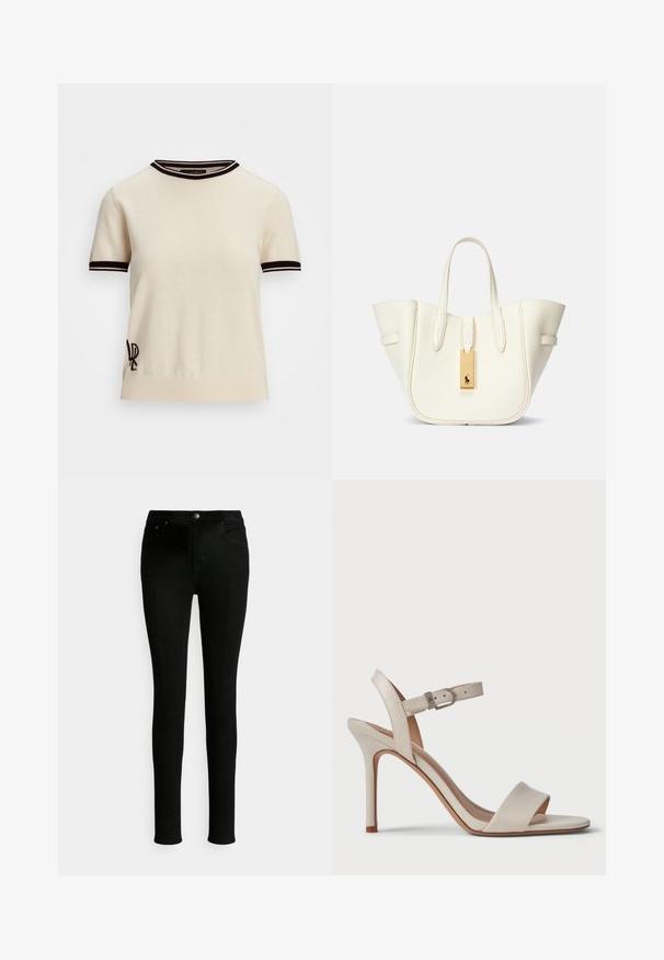 Krems krāsas trīs ceturtdaļu piedurknēm adīts džemperis ar melniem ribu akcentiem apkaklī un piedurkņu malās. Iespēlēts izšūts logs zemāk pa kreisi.; Melnas džinsa bikses ar šauru piegriezumu, ar standarta jostasvietu, priekšējām kabatām un klasisku pogas aizdari.; Bēšas augstpapēžu sandalītes ar gludu ādas apdari, atvērtu purngalu, platu priekšējo siksniņu un regulējamu potītes siksniņu ar metāla sprādzi.; Balta ādas somiņa ar strukturētu formu, izteiksmīga šuvju apdare, zelta aksesuārs un divi rokturi. Tekstūrēta virsma ar sānu kabatām.