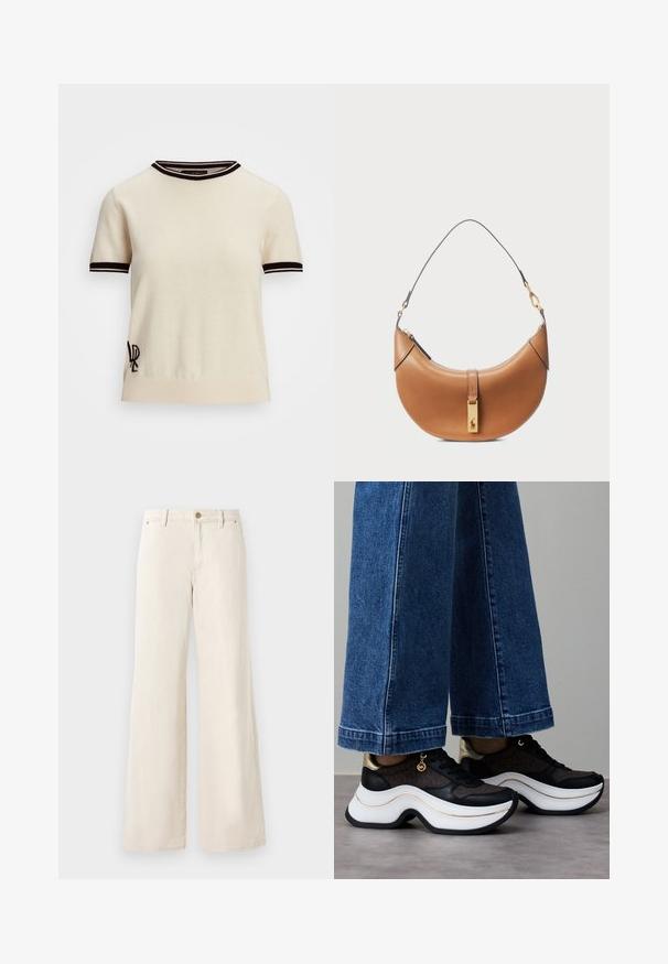 Suéter de malha de manga curta em creme com detalhes em preto nas golas e punhos. Apresenta um logo bordado no lado inferior esquerdo.; Calças largas em bege, feitas de algodão, com uma textura suave. Apresentam um fecho com botão, bolsos frontais e um design clássico de cintura.; Ténis pretos e dourados com sola branca curva. Tecido texturizado com detalhes do logótipo. Combinados com calças largas de ganga azul.; Bolsa de couro castanho-claro com um formato curvado, detalhes em ouro e uma alça de ombro fina. Apresenta um fecho de zipper e um detalhe de logótipo na parte frontal.