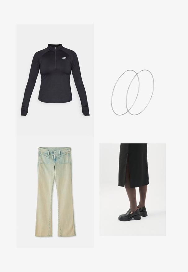 Zwarte lange mouwen sporttop met een half-rits kraag, textuurstof en een klein grijs logo op de linkerborst. Sluit strak aan op het lichaam.; Lichtblauwe jeans met een flared fit en een vervaagde afwerking, voorzien van riemlussen, twee voorkruiden en twee achterzakken met stikselaccenten.; Zwarte leren schoenen met een ronde neus, dikke blokhak en elastische zijkanten, gecombineerd met donkere panty's en een zwarte rok met een split.; Zilveren hoepel oorbellen met een minimalistisch ontwerp. Cirkelvormig, gladde textuur en dun profiel. Lichtgewicht met een gepolijste afwerking.