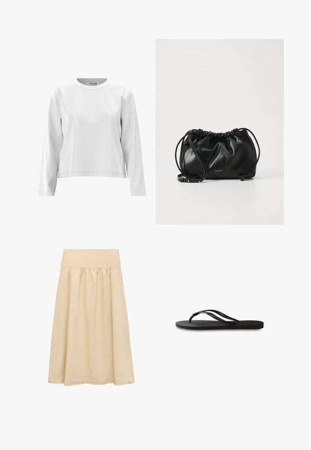 Weisses Langarmshirt mit rundem Ausschnitt, aus weichem Stoff gefertigt, mit minimalen Nähdetails und einem lässigen Schnitt.; Beige Midi-Rock aus leichtem Stoff, mit einem elastischen Bund, gerafftem Design und einem Saum mit subtilen Fransen.; Schwarze Flip-Flops mit einer strukturierten Gummisohle, zwei schlanken Riemen und einem dezenten, geprägten Logo-Detail auf dem Riemen.; Schwarze Lederhandtasche mit gerafftem Design, doppeltem Kordelzugverschluss und abnehmbarem Schulterriemen. Mit metallic Logo-Details.; Zign Armband - silver-coloured