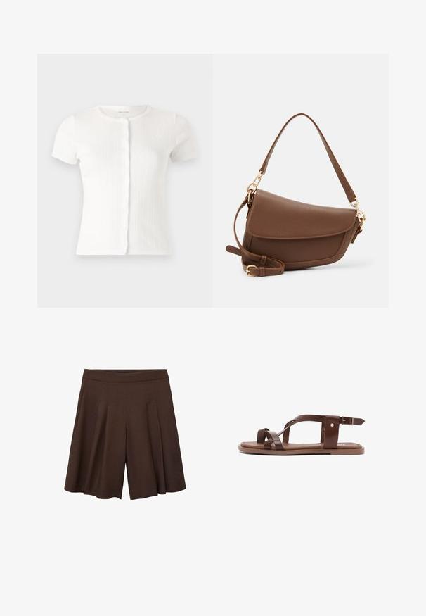 Weißer kurzärmeliger, gerippter Strickcardigan mit runder Ausschnittform und gewelltem Knopfverschluss, der dezente Texturdetails aufweist.; Braune, gefaltete Shorts mit hoher Taille. Der Stoff wirkt glatt und leicht und weist tiefe, saubere Falten auf, die eine fließende Silhouette schaffen.; Braune Leder-Sandalen mit mehreren überkreuzten Riemen, einer flachen Sohle und einem Knöchelriemen mit einer Metallschnalle. Schlichtes, offenes Design ohne Muster.; Braune Lederschultertasche mit strukturiertem Finish, geschwungener Form, goldfarbenen Beschlägen, verstellbarem Schulterriemen und Klappenverschluss.