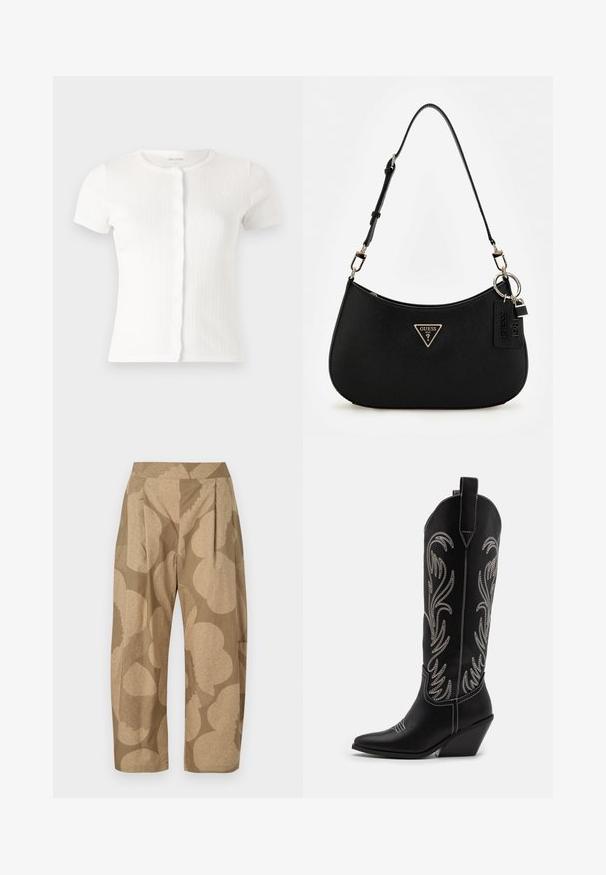 Fehér, rövid ujjú bordás kötött kardigán kerek nyakkivágással és hullámos gombolással, finom textúrájú részletekkel.; Beige nadrág nagy virágmintával, világosabb árnyalatokban. Magas derék, redők és lazább szabás jellemzi. Könnyű anyagból készült.; Fekete bőr cowboy csizmák hegyes orral, wedge sarkakkal és ezüst hímzett virágmintákkal a szár mentén. Kontraszt varrás az egész csizmán.; Fekete szintetikus válltáska ívelt sziluettel, texturált kivitelezéssel, arany háromszög logóval és levehető kiegészítőkkel.