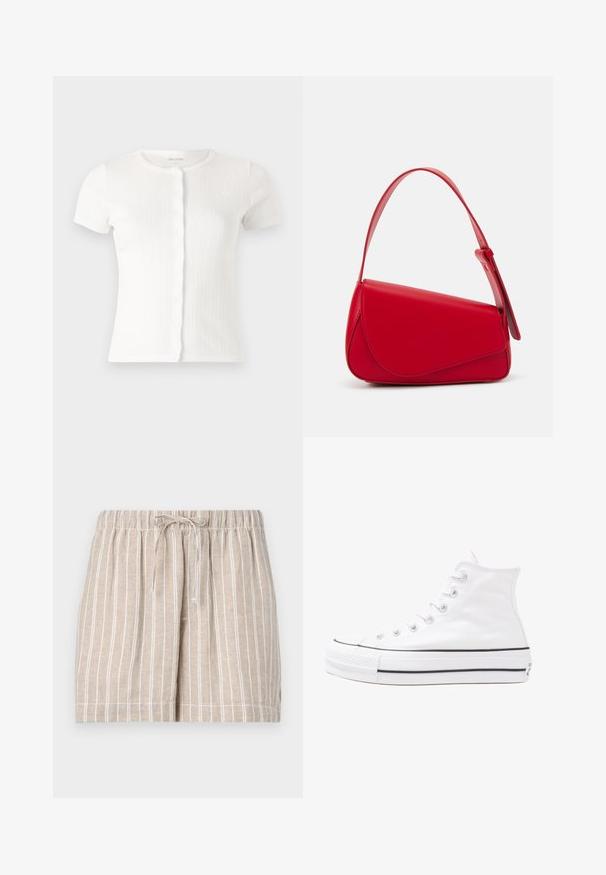 Biela krátka pletená cardigan s krátkym rukávom a okrúhlym výstrihom, s volánovým uzáverom, pričom obsahuje jemné textúrované detaily po celej ploche.; Bežové ľanové šortky s bielymi vertikálnymi pásikmi, elastickým pásom a šnúrkou na stiahnutie. Neformálny dizajn obsahuje zošité lemy a bočné vrecká.; Biele vysoké plátené tenisky s čiernou gumovou podošvou, prednou gumovou špičkou a šiestimi okami na šnúrky, s čistým, minimalistickým dizajnom.; Červená kožená kabelka s ostrým, geometrickým dizajnom. Má jeden nastaviteľný popruh a uzatváranie na klopu so šitím.
