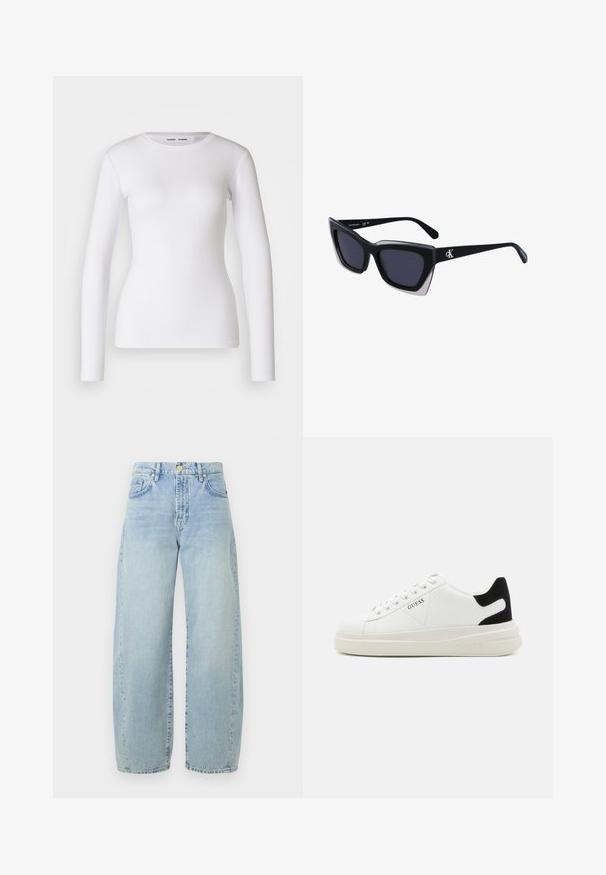 White long-sleeve shirt made of ribbed fabric, featuring a round neckline and fitted shape. No patterns or accents are present.; Light blue denim wide-leg jeans with a high waist, slight fading, five pockets, and gold-tone hardware. Hem is straight and unfinished.; White leather sneakers with a thick white sole, black suede heel accent, and embossed logo on the side. Laced design with six eyelets.; Black oversized sunglasses with a geometric shape, featuring dark lenses and a contrasting grey detail on the frame. Logo on the arm.