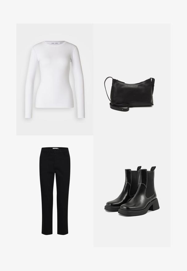 Bijela košulja dugih rukava od rebraste tkanine, s okruglim izrezom i prilagođenim krojem. Bez uzoraka ili akcenta.; Crne pamučne hlače, dizajnirane ravnog kroja. Sadrže pet džepova i prednje kopčanje na dugme. Glatka tekstura, minimalni detalji šivanja.; Crne kožne Chelsea čizme s debelim potplatom, elastičnim bočnim panelima i kontrastnim bijelim šavovima. Teksturirana površina.; Crna kožna torba na rame s glatkom teksturom, zakrivljenim oblikom, podesivim remenom i zatvaranjem na patentni zatvarač. Minimalistički dizajn bez ukrasa.