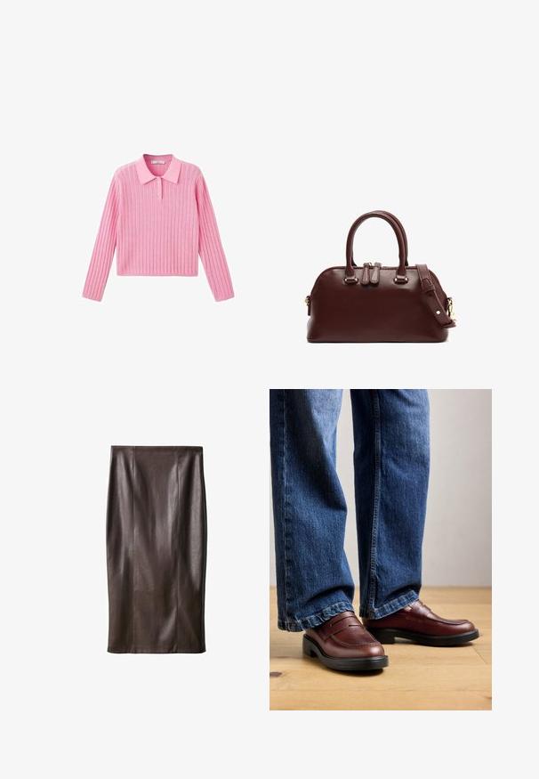 Vaaleanpunainen ribbineulepaita, jossa on pitkät hihat ja kauluksellinen pääntie. Kauluksessa on kolme nappia ja paita on lyhyt.; Ruskea nahkainen kynähame, jossa on sileä pinta, polvenpituinen, ja jossa on pystysaumat suunnittelua varten. Ei lisävarusteita tai koristeita.; Henkilö, joka käyttää ruskeita nahkakenkiä ja sinisiä farkkuja, seisoo puulattialla neutraalia taustaa vasten.; Burgundin väri nahkainen käsilaukku, jossa on kaksinkertaiset yläsangot, irrotettava olkahihna, kultaiset yksityiskohdat ja pyöreä muoto. Vetoketjukiinnitys.