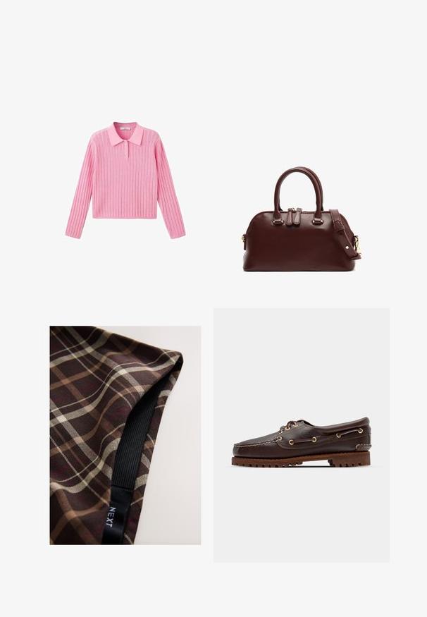 Pink ribbed sweater with long sleeves and a collared neckline, featuring three buttons at the collar and a cropped hem.; Brown plaid fabric featuring white and beige lines, with a smooth texture and a black elastic band sewn along the edge.; Brown leather boat shoe with gold eyelets, round laces, and a textured brown rubber sole. Features stitched detailing and a raised logo.; Burgundy leather handbag with dual top handles, removable shoulder strap, gold hardware accents, and a rounded shape. Zipper closure.