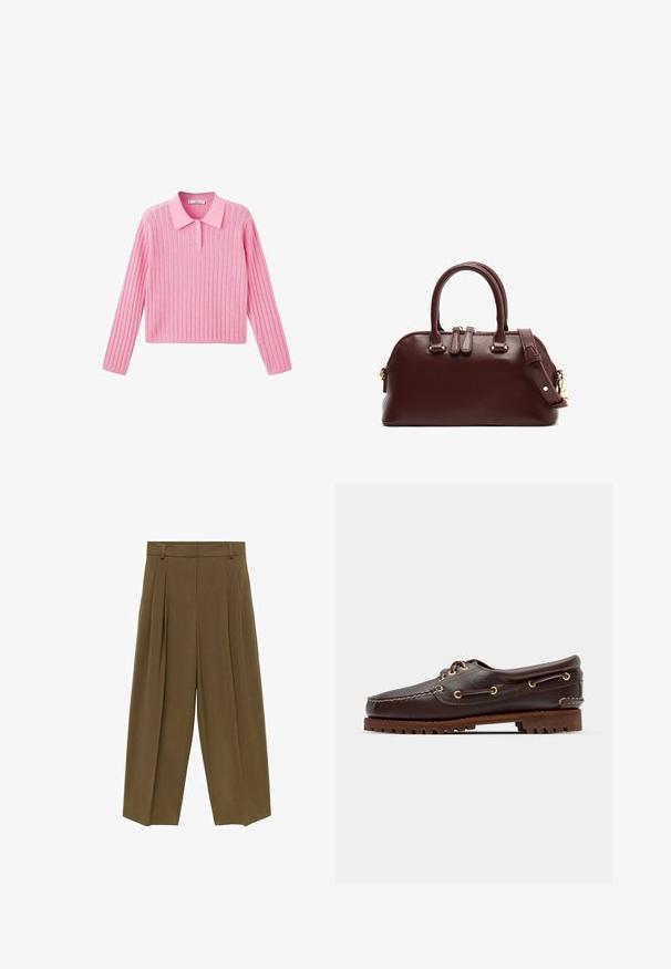 Rosa geripptes Sweatshirt mit langen Ärmeln und Kragenhals, das drei Knöpfe am Kragen und einen verkürzten Saum hat.; Braune, plissierte Hosen mit hoher Taille, weitem Bein und weichem Stoff, ausgestattet mit vier Gürtelschlaufen und einer sauberen Vorderseite.; Braune Lederbootsschuhe mit goldenen Ösen, runden Schnürsenkeln und einer strukturierten braunen Gummisohle. Verfügt über genähte Details und ein erhabenes Logo.; Burgunderfarbene Lederhandtasche mit doppelten Traghenkeln, abnehmbarem Schultergurt, goldfarbenen Hardware-Akzenten und runder Form. Mit Reißverschlussverschluss.