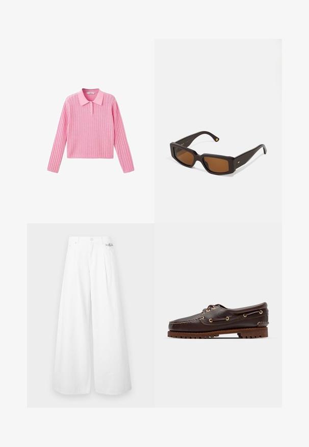 Pink ribbed sweater with long sleeves and a collared neckline, featuring three buttons at the collar and a cropped hem.; White wide-leg trousers made of cotton, featuring a high waist, front pleats, and a silver logo accent on the waistband.; Brown leather boat shoe with gold eyelets, round laces, and a textured brown rubber sole. Features stitched detailing and a raised logo.; Rectangular brown sunglasses with a dark brown plastic frame. Features brown tinted lenses and gold accent on the temple.