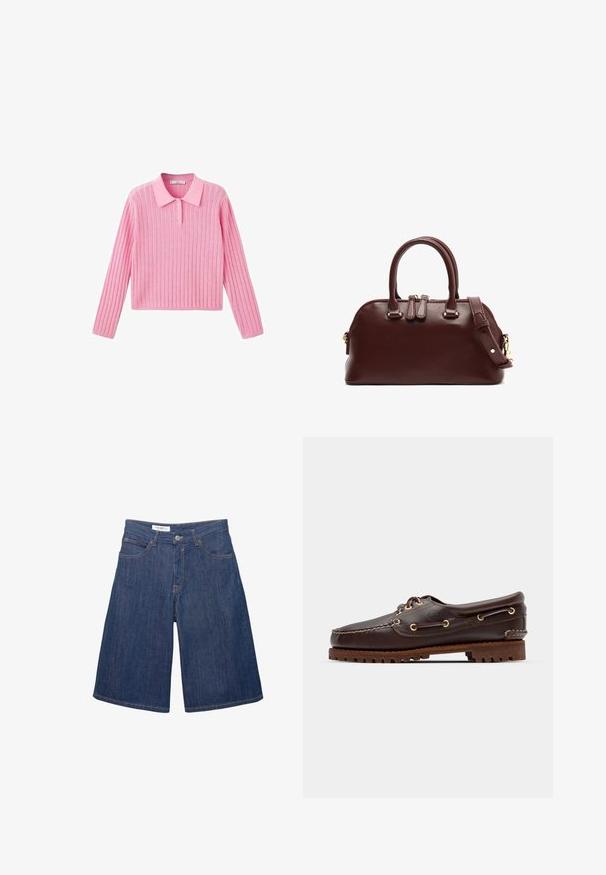 Roza rebrasta pulover s dolgimi rokavi in ovratnikom, ki ima tri gumbe na ovratniku in krojen rob.; Denimske kratke hlače ohlapnega kroja, temno modre barve, s sprednjimi žepe in ojačanimi robovi, opremljene z enim kovinskim gumbom na pasu.; Rjave usnjene čolnarske čevlje z zlatimi očesi, okroglicami in teksturiranim rjavim gumijastim podplatom. Ima šivano podrobno obdelavo in dvignjen logotip.; Burgundska usnjena torbica z dvojno zgornjo ročico, odstranljivo naramnico, zlato strojno opremo in zaobljeno obliko. Zadrga za zapiranje.