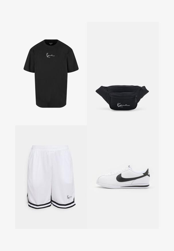 Musta puuvillapaita lyhyillä hihoilla, pyöreä kaula-aukko ja valkoinen allekirjoituslogo painettuna eteen. Sileä materiaali ja rento malli.; Valkoiset urheilushortsit, jotka on valmistettu kevyestä kankaasta. Niissä on musta raidoitus helman kohdalla ja alle vasemmalle puolelle painettu logotunnus.; Valkoiset nahkakengät mustalla Nike-logolla, litteät nauhat ja teksturoitu kumipohja. Pyöreä varvastyyny ja pehmustettu kaulus mukavuutta varten.; Mustat kangasta valmistettu vyölaukku, jossa on kaksi vetoketjullista taskua. Sen pinta on sileä ja etutaskussa on valkoisella kirjailtu logo.