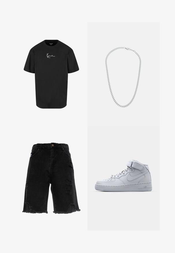 Zwarte katoenen t-shirt met korte mouwen, ronde hals en een witte handtekeninglogo gedrukt op de voorkant. Soepele textuur en een ontspannen pasvorm.; Zwarte denim shorts met een rafelige zoom, voorzien van versleten scheuren en een rechte snit. Inclusief traditionele voorzakken en een metalen knoop.; Grijze Nike Air Force 1 sneakers met hoge bovenkant, leren bovenwerk, gewatteerde kraag en een klittenbandsluiting. Iconisch ontwerp met geperforeerde toe box.; Zilveren metalen ketting met in elkaar grijpende schakels en een veilige sluiting, gladde textuur, gelijkmatige afwerking en een klassiek ontwerp.