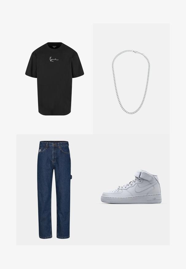 Tricou negru din bumbac, cu mâneci scurte, guler rotund și un logo alb, semnătură, imprimat pe față. Textură netedă și croială lejeră.; Jeans din denim de culoare albastru închis, cu un design cu picior drept, cinci buzunare și o etichetă de marcă vizibilă pe partea stângă din față.; Adidași înalți gri Nike Air Force 1, cu partea superioară din piele, guler căptușit și o curea Velcro. Designul iconic include o cutie a vârfului perforată.; Colier din metal argintiu cu lanț, featuring inele interconectate și un închizător sigur, textură netedă, finisaj uniform și un design clasic.