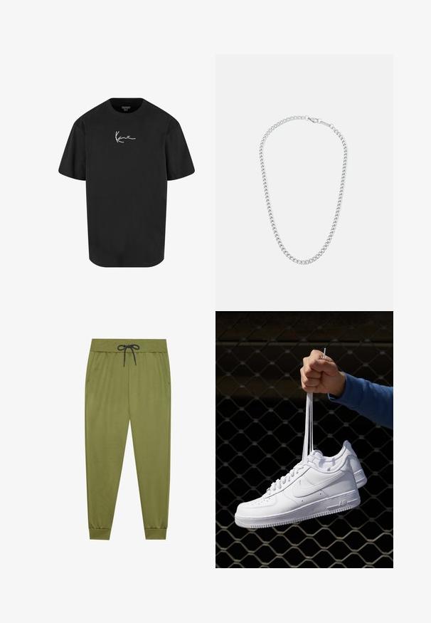 Schwarzes Baumwoll-T-Shirt mit kurzen Ärmeln, Rundhalsausschnitt und einem weißen Signaturlogo, das auf der Vorderseite gedruckt ist. Glatte Textur und lässige Passform.; Olivgrüne Sweatpants mit einem elastischen Bund, schwarzem Kordelzug, Seitentaschen und gerippten Bündchen an den Knöcheln. Glatte Textur.; Weiße Leder-Sneaker mit Perforationen, runder Zehenpartie, flacher Sohle und dicken Schnürsenkeln, mit sichtbar eingesticktem Swoosh-Logo und "AIR" an der Ferse.; Silberne Metallkettenschnur mit ineinandergreifenden Gliedern und einem sicheren Verschluss, glatte Textur, gleichmäßiges Finish und klassisches Design.