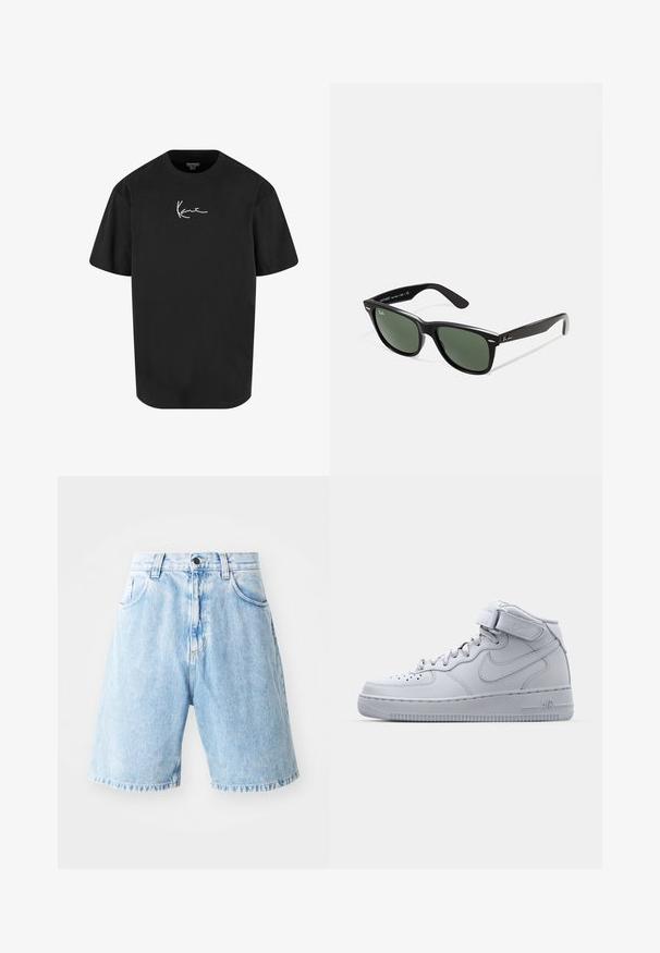 Svart bomulls t-shirt med kort ärm, rund halsringning och en vit signaturlogo tryckt på framsidan. Slät textur och avslappnad passform.; Ljust blå denimshorts med hög midja, som har två framfickor, knappstängning och fransade kanter. Avslappnad passform.; Höga grå Nike Air Force 1-sneakers med ovandel i läder, vadderad krage och kardborreband. Ikonisk design med perforerad tåbox.; Svarta plastsolglasögon med gröna linser, fyrkantiga bågar, silverdetalj på ögonbrynet och texturerade skalmar. Angiven märkning på den inre skalmen.