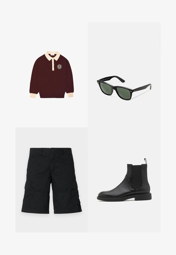 Tummanpunainen pitkähihaisettu polo-paita, jossa on kerma värinen kaulus ja hihansuut, napitettuna halkiona, sekä pyöreä "Prohibited Berlin" -logo vasemmassa rinnassa.; Mustat cargo-shortsit, jotka on valmistettu kevyestä kankaasta; sisältää kaksi sivutaskua ja kaksi läppätaskua; suoraleikattu malli, jossa on rento istuvuus.; Mustat nahkasaappaat nilkkamittaisina, joissa on sileä pinta, joustavat sivupaneelit ja vetotappi. Pyöreä varvastila ja litteat kumipohjat, joissa on minimaalinen pito.; Mustat muoviset aurinkolasit, joissa on vihreät linssit, neliönmuotoiset kehykset, hopeinen yksityiskohta kulmakarvojen kohdalla sekä tekstuuriset temppeleiden varret. Brändi ilmoitettu sisävarsissa.