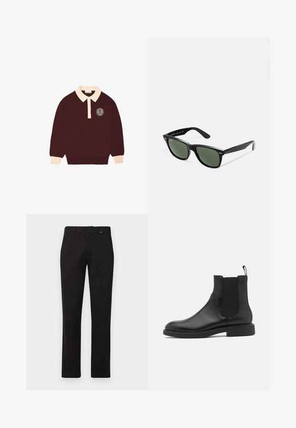 Tummanpunainen pitkähihaisettu polo-paita, jossa on kerma värinen kaulus ja hihansuut, napitettuna halkiona, sekä pyöreä "Prohibited Berlin" -logo vasemmassa rinnassa.; Mustat puuvillahousut suoran lahkeen leikkauksella, joissa on nappikiinnitys, vyölenkit ja kaksi etutaskua. Luja rakenne, ilman kuvioita.; Mustat nahkasaappaat nilkkamittaisina, joissa on sileä pinta, joustavat sivupaneelit ja vetotappi. Pyöreä varvastila ja litteat kumipohjat, joissa on minimaalinen pito.; Mustat muoviset aurinkolasit, joissa on vihreät linssit, neliönmuotoiset kehykset, hopeinen yksityiskohta kulmakarvojen kohdalla sekä tekstuuriset temppeleiden varret. Brändi ilmoitettu sisävarsissa.