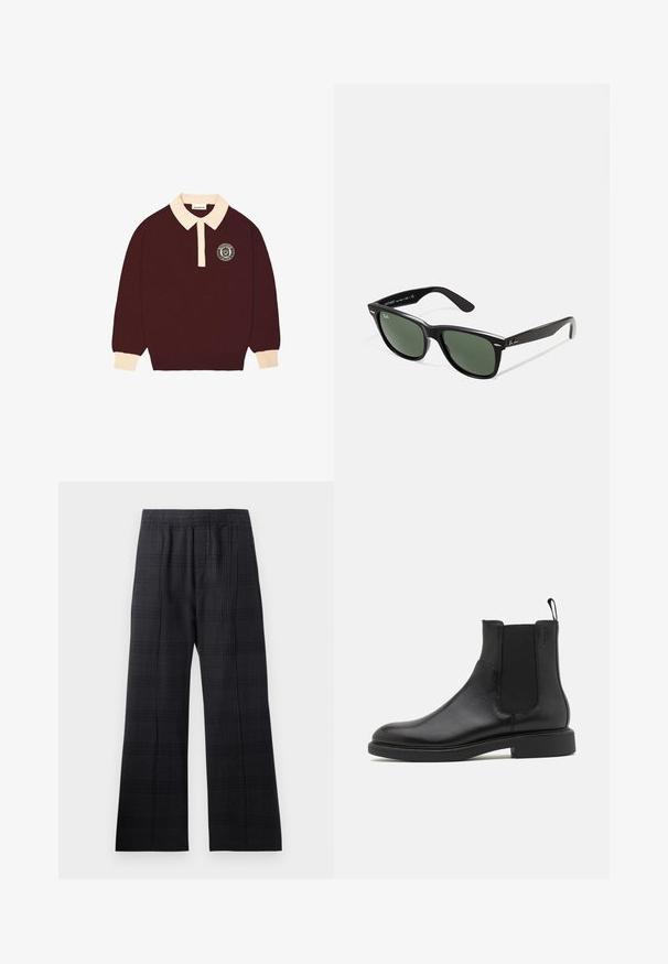 Maroon long-sleeve polo shirt with cream collar and cuffs, buttoned placket, and circular "Prohibited Berlin" logo on the left chest.; Black plaid trousers with an elastic waistband, wide-leg design, textured fabric, and subtle check pattern throughout.; Black leather ankle boot with smooth texture, elastic side panels, and a pull tab. Round toe and flat rubber sole with minimal tread.; Black plastic sunglasses with green lenses, square frames, silver accent on the brow, and textured temple arms. Stated brand on inner arm.